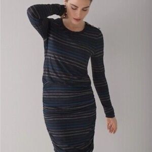 NWT WHBM Striped Black and Blue Women's Mini Ruched Long Sleeve Dress